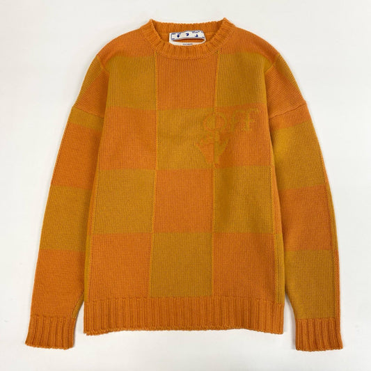 73j28 off White オフホワイト イタリア製 KNITWEAR ロングスリーブ ニットセーター ウールニット チェック柄 M オレンジ 羊毛o07t