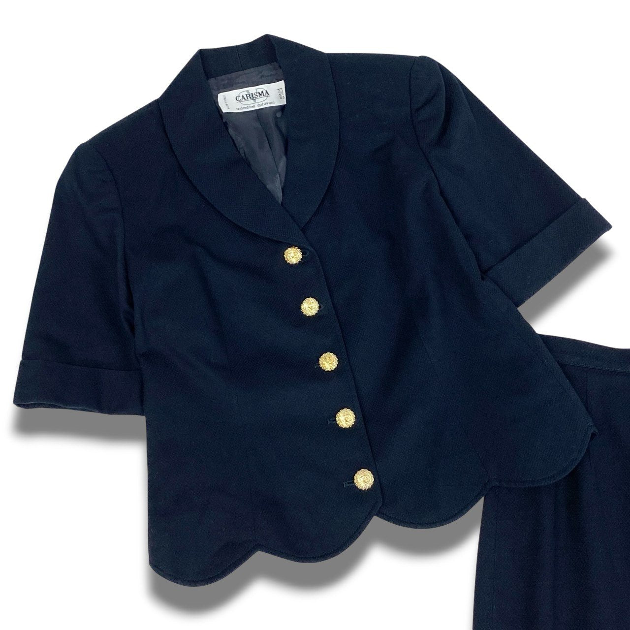 Ib20  VALENTINO ヴァレンティノ CARISMA スカートセットアップ 半袖ジャケット スカート 装飾ボタン 40 ネイビー コットン レディースu02t