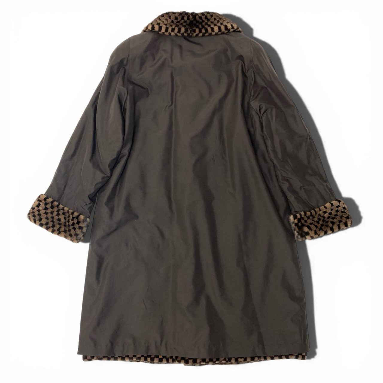 38c4 GRES グレ チェック柄 ミンクファー リバーシブル ロングコート サイズF 茶系 本毛皮 Mink Fur Reversible Long Coatt18r