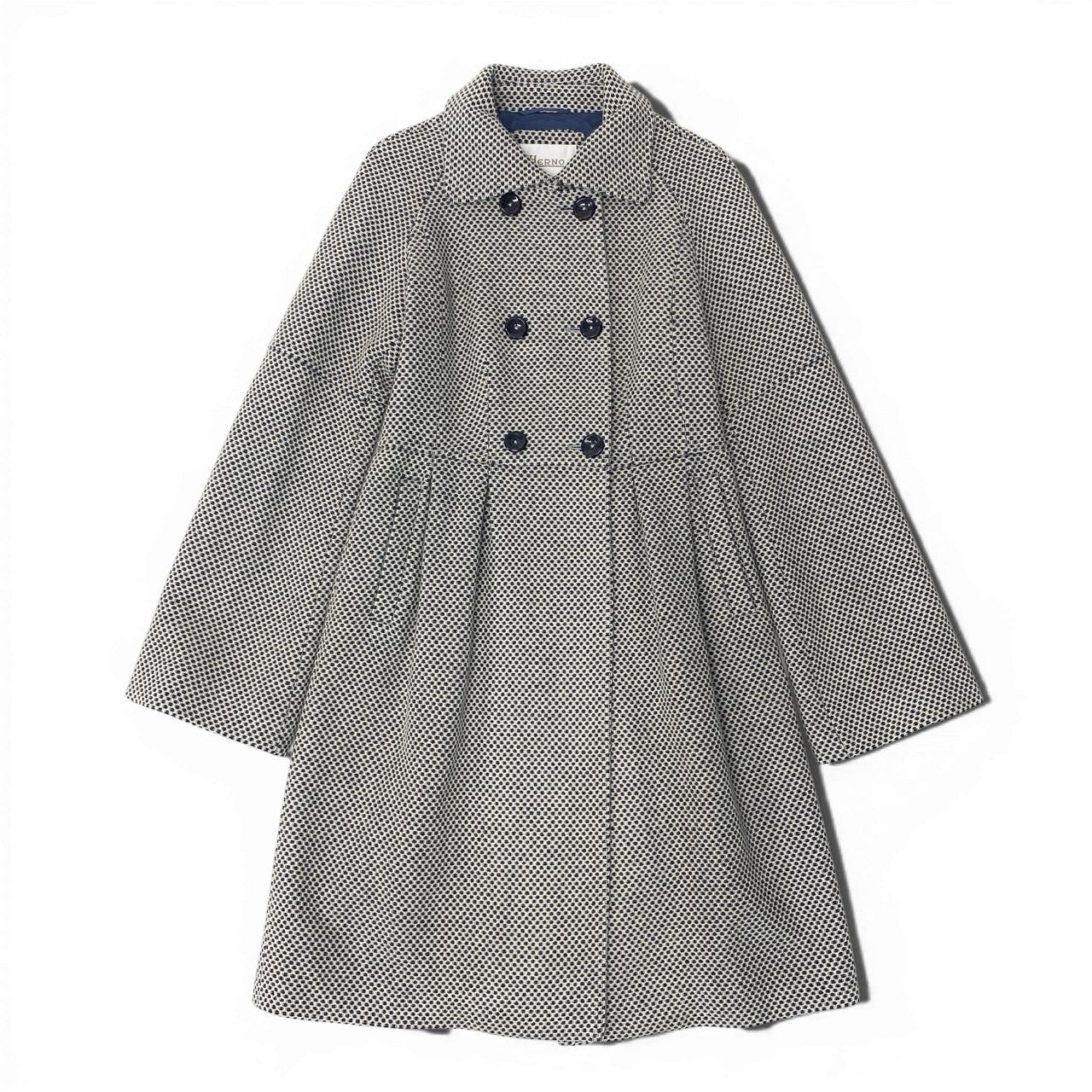 47b3【美品】HERNO ヘルノ ステンカラーコート ウールロングコート ウエスト切替 タック入り アイボリー ブルー ウール100％ レディース 女性用u02t