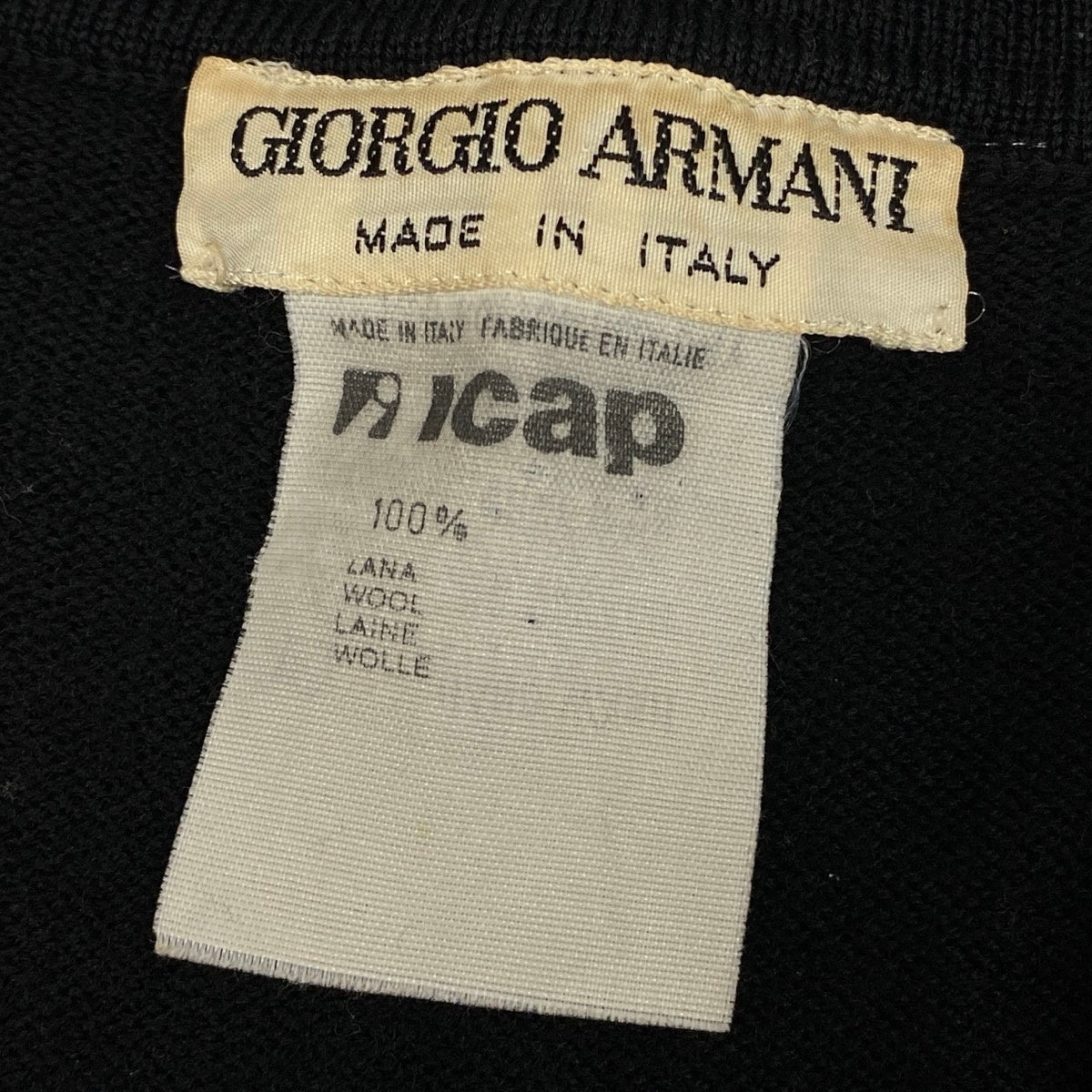 79j5 GIORGIO ARMANI ジョルジオアルマーニ 80's アーカイブ ロングスリーブニットポロシャツ ロゴ刺繍 イタリア製 ブラック ウール100％ メンズ 男性用u02t