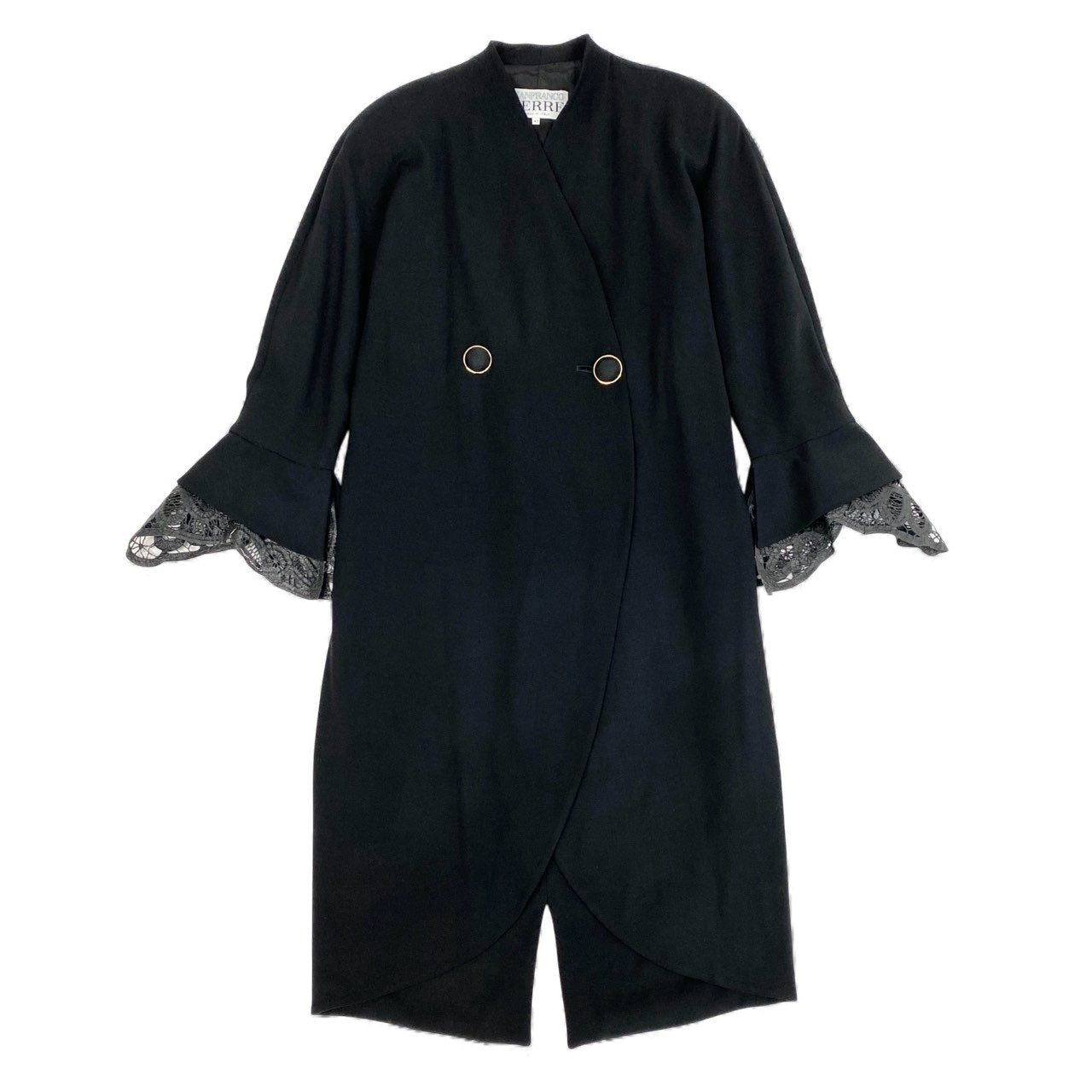 2L12 Vintage GIANFRANCO FERRE ジャンフランコフェレ 薄手コート ロングコート ダブルブレスト レース 変形スリーブ 42 ブラック ウール レディース 女性用 イタリア製u02t