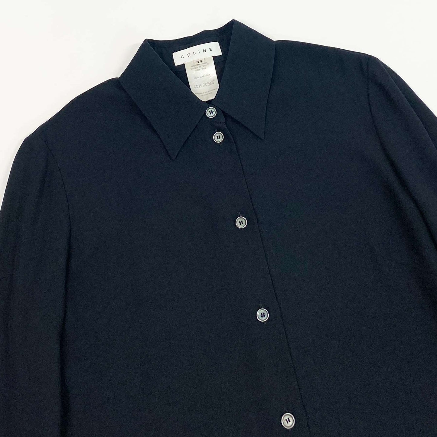 Eb23 CELINE セリーヌ フリルスリーブ ブラウス 長袖シャツ トップス 34 ネイビー シルク レディースu02t