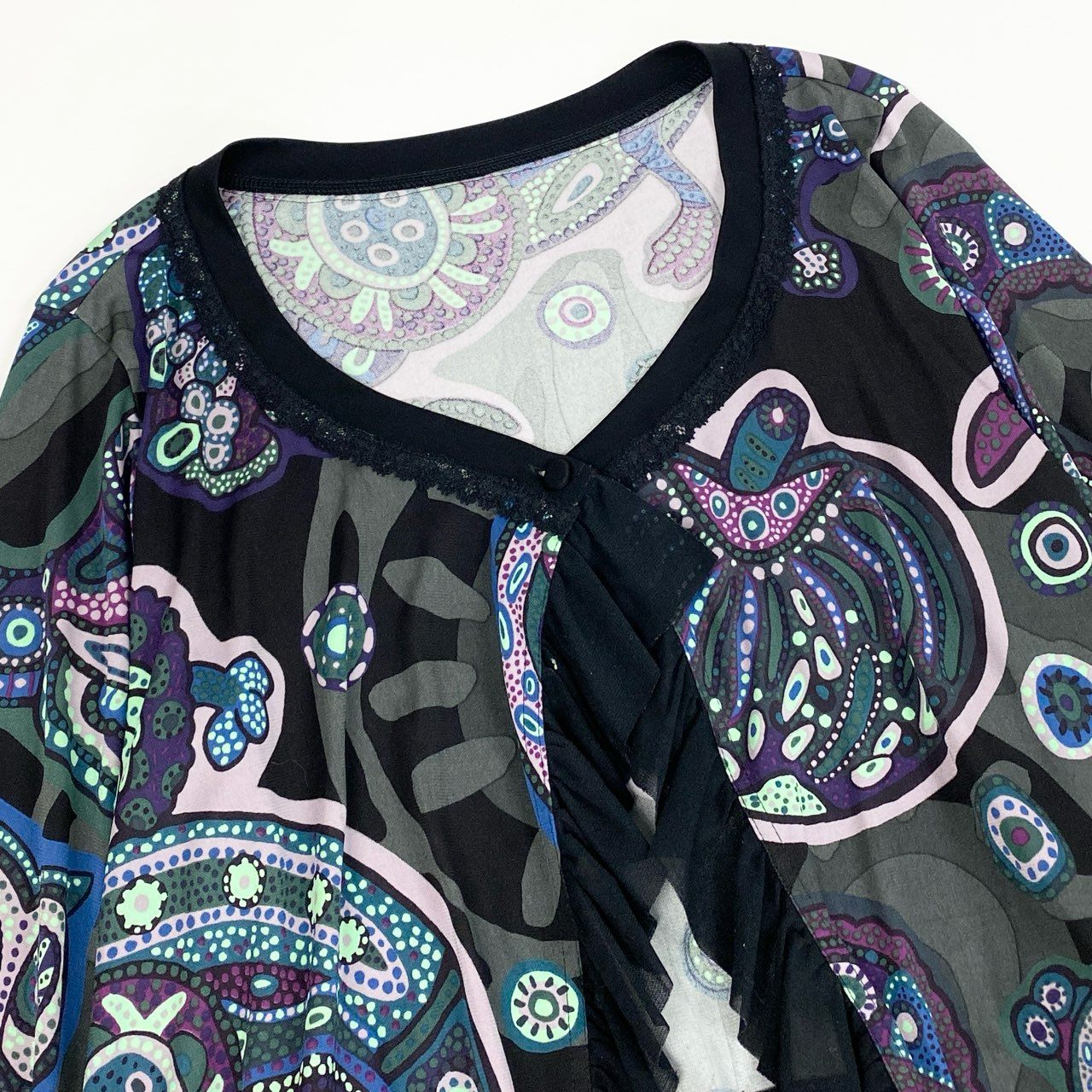 51b27 【美品】 TOKUKO 1er VOLトクコプルミエヴォル ロングスリーブ カーディガン トップス 七分袖 フリル 総柄プリント レディース 女性服 サイズ9 マルチカラーu02t