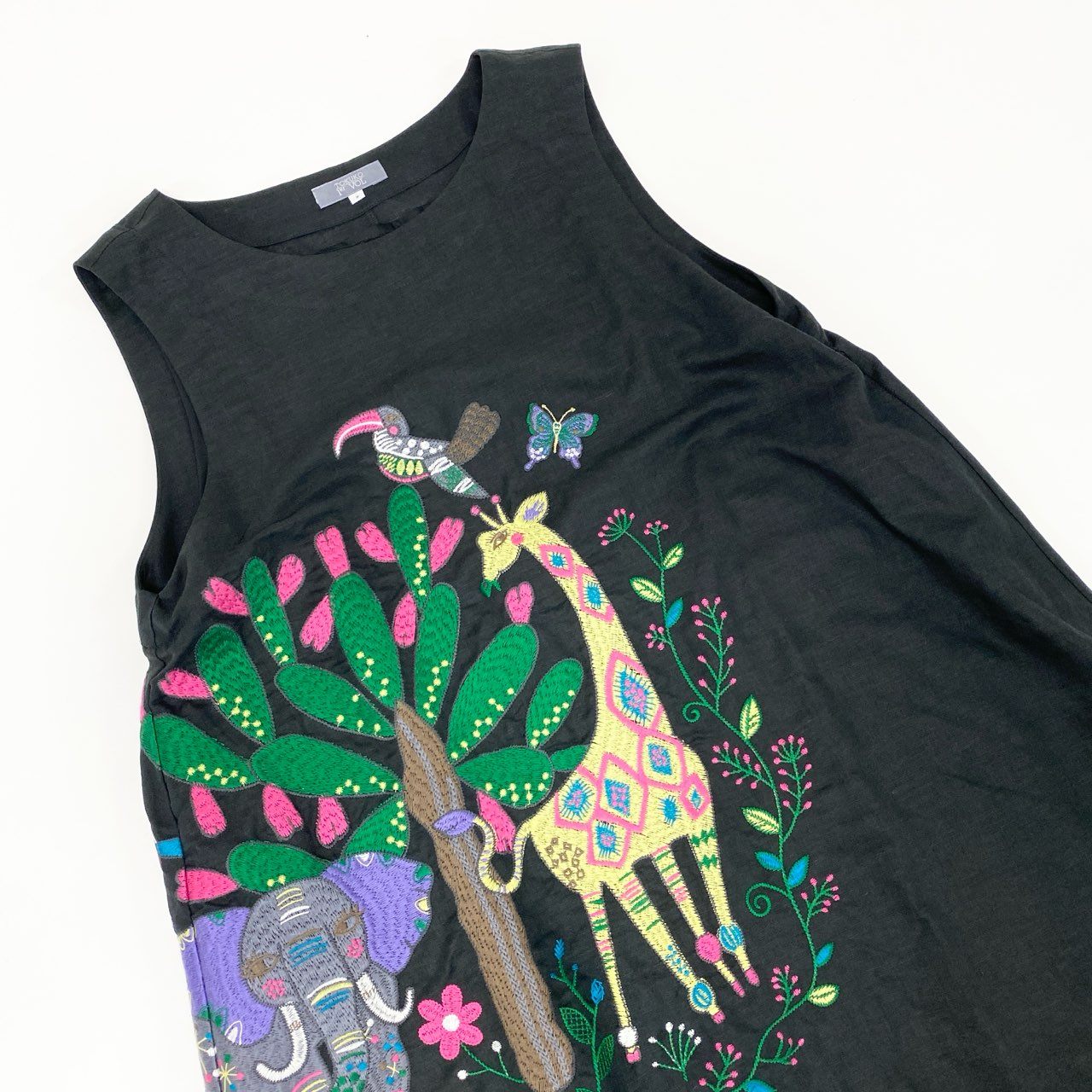 18k20 TOKUKO 1er VOL トクコプルミエヴォル レイヤード ロングワンピース プリーツ切替 アニマル刺繍 コットンリネン レディース 女性用 9 ブラックu02t