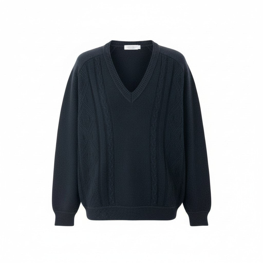 77L8 dunhill ダンヒル Ⅴネック ケーブル編み ニット セーター トップス 4 胸囲100～108 ブラック カシミヤ100 メンズ 紳士服u02t