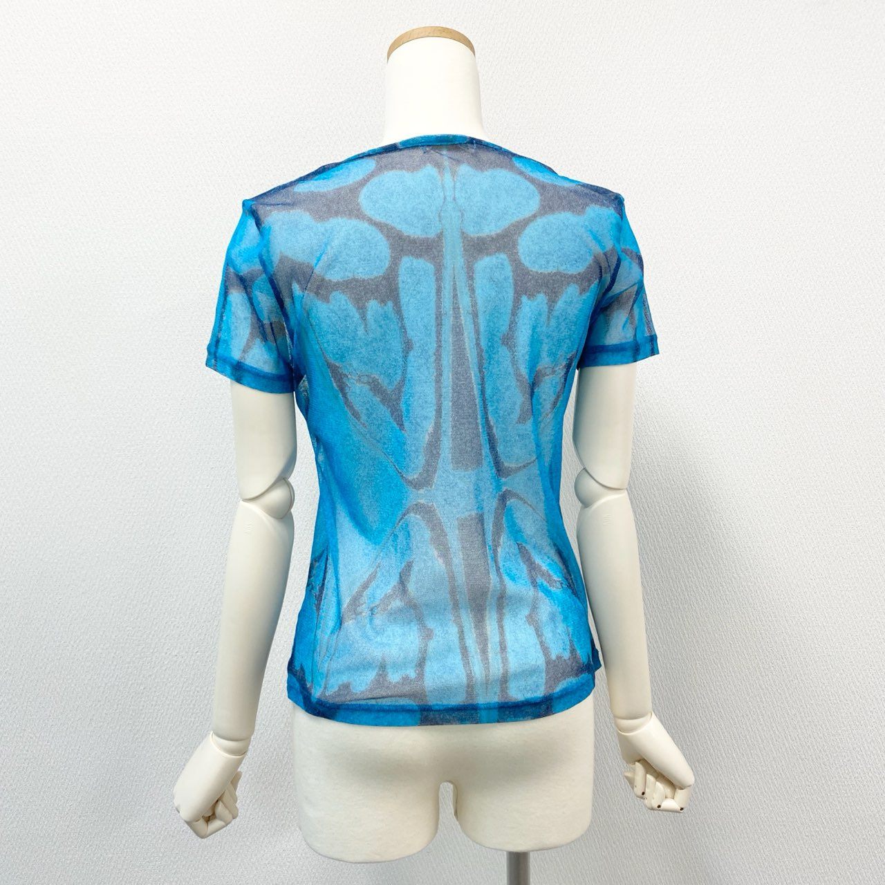 A12 PLEATS PLEASE ISSEY MIYAKE プリーツプリーズ イッセイミヤケ 総柄プリント メッシュ シアー素材 半袖カットソー トップス 日本製 PP34-JR752 3 ブルー レディースo07t