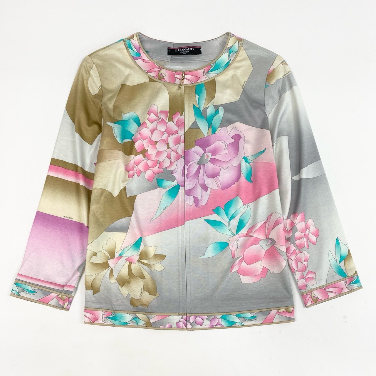 76a24 LEONARD FASHION レオナールファッション クルーネックカーディガン ジップ 花柄 薄手トップス L ベージュ レディース 女性用o07t