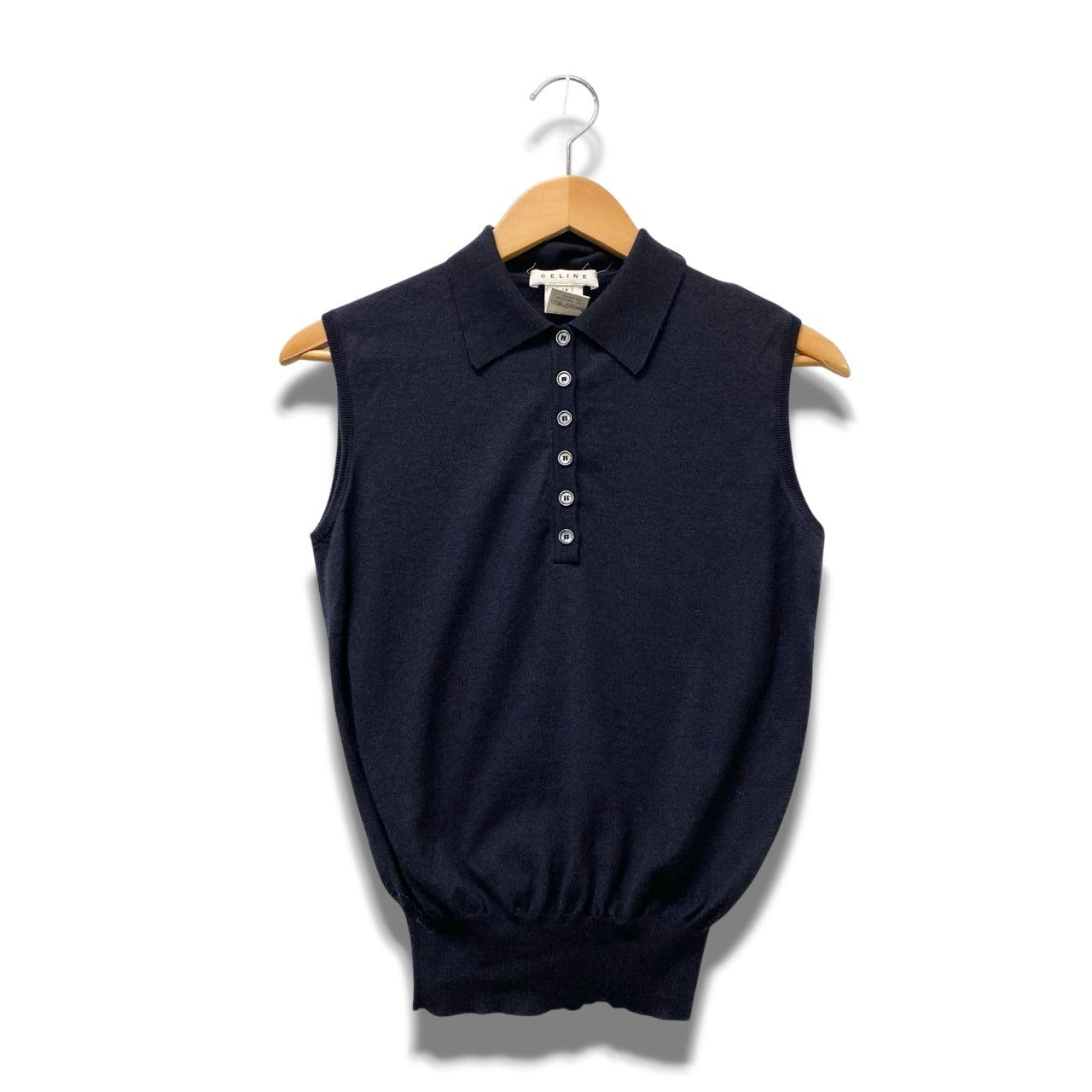 53b17 【美品】CELINE セリーヌ カシミヤ混ニットベスト ニットポロシャツ ニットセーター Mサイズ ネイビー レディース女性用u02t