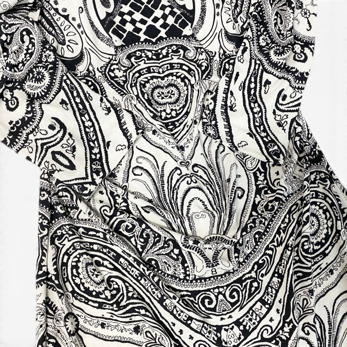 90j27 【美品】ETRO エトロ ドレープドレスワンピース 変形デザインネック 総柄 イタリア製 40サイズ ホワイト ブラック ポリエステル100％ レディース 女性用u02t
