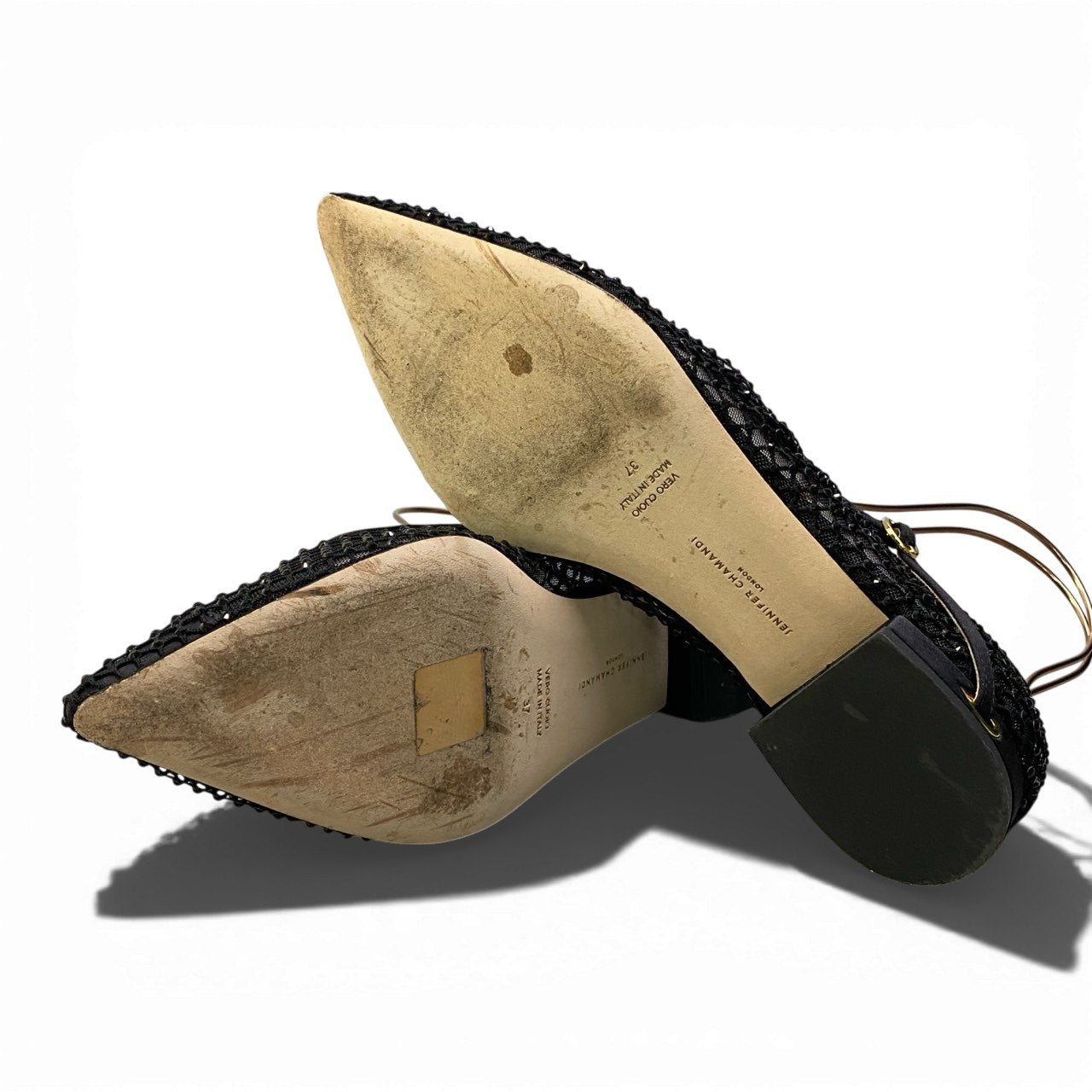 1k26 JENNIFER CHAMNDI ジェニファー チャマンディ メリージェーンパンプス ポインテッドトゥ パンプス ローヒール  ラインストーン アンクルストラップ レディース 女性靴 イタリア製 37 ブラックu02t