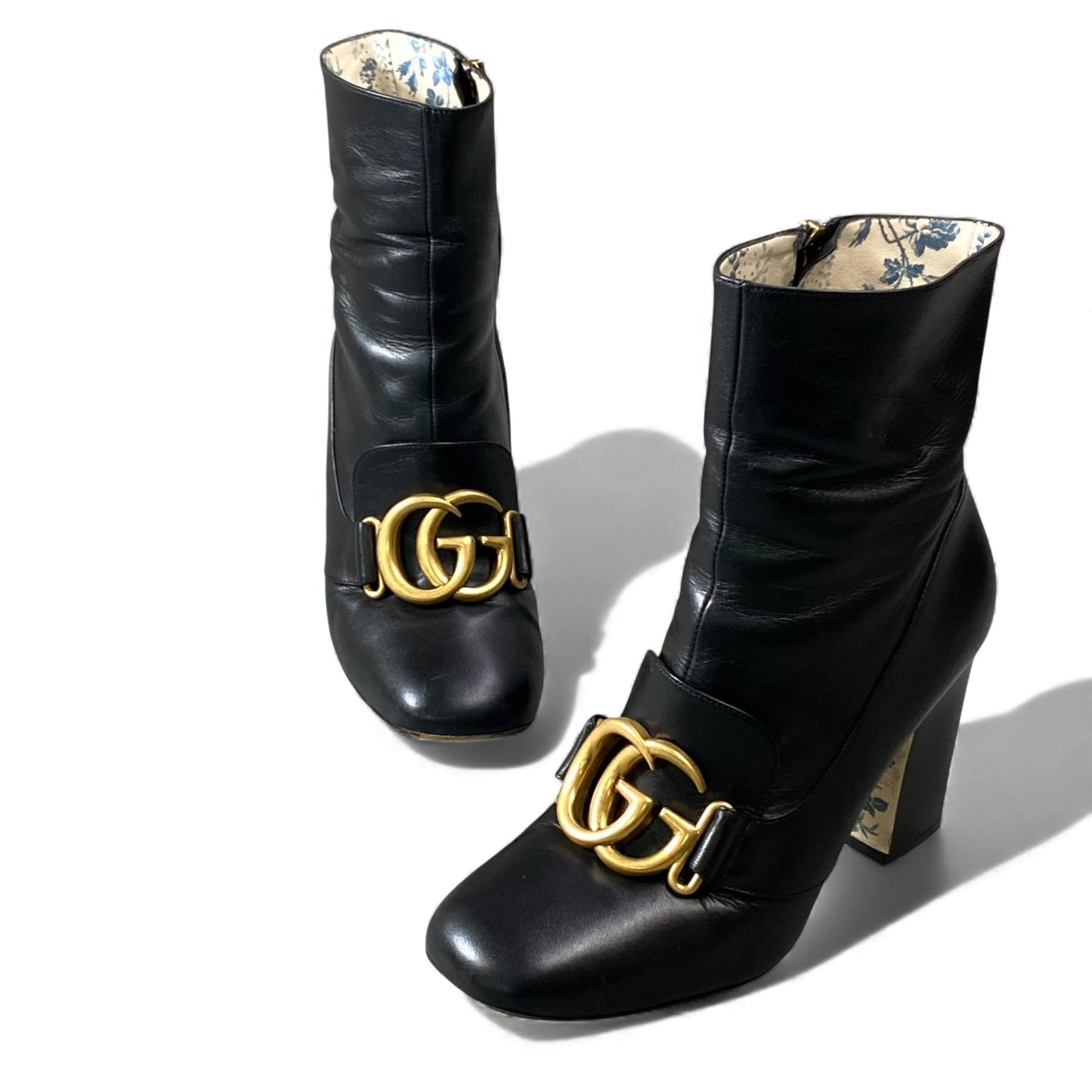 1L11 GUCCI グッチ ダブルG GGマーモント ショートブーツ チャンキーヒール サイズ36 ブラック レザー レディース 靴 ブーツk02i