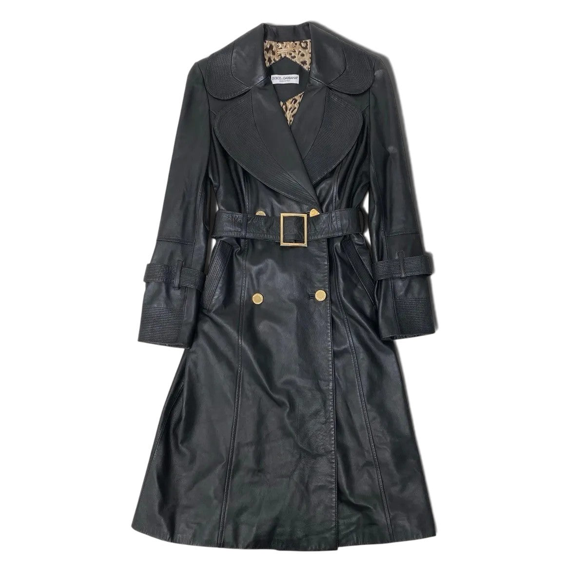 Eh1 DOLCE&GABBANA ドルチェアンドガッバーナ ラムレザーコート シルクレオパード Lambskin Leather Coat Silk Leopard Print Lining 42 ブラック ベルト付t18r