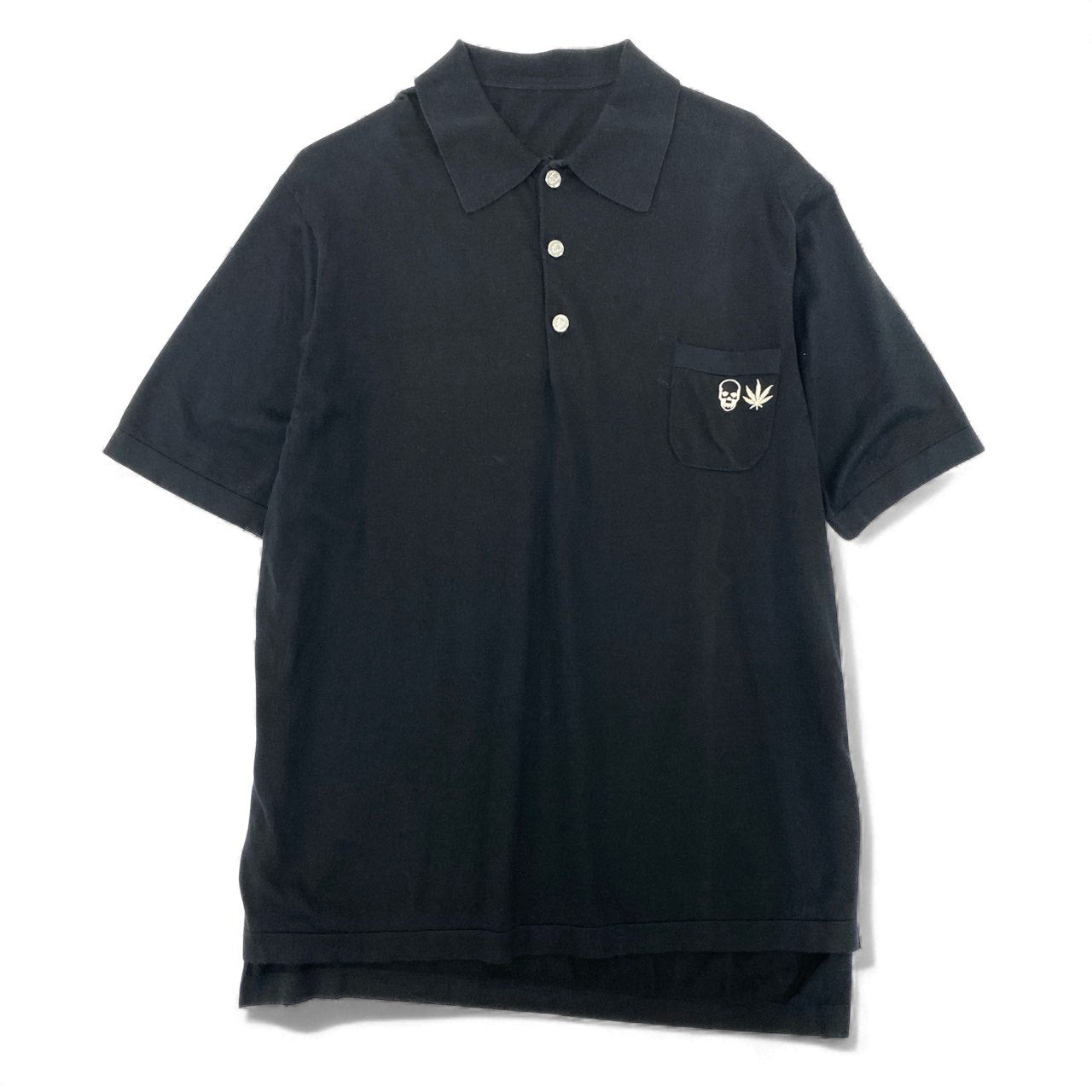 3l27 lucien pellat-finet ルシアンペラフィネ 半袖 ニットポロシャツ コットンニット ワンポイント刺繡 スカル メンズ 紳士服 L ブラック 綿100％k02i