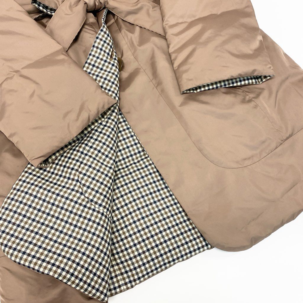 42a27 Aquascutum LONDON アクアスキュータム リバーシブル ダウンコート 2way レッキスラビットファー チェック柄 レディース サイズ8 ベージュo07t