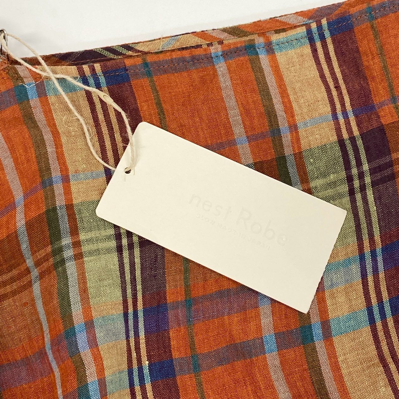 60j27《未使用品》nest Robe ネストローブ リネンマドラスチェックドルマンワンピース 長袖ロングワンピース 01221 1157 Fサイズ オレンジ系 レディースu02t