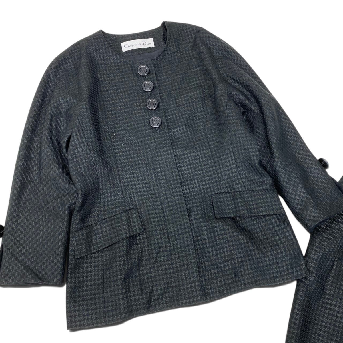 60i16 Christian Dior クリスチャンディオール セットアップ スカートスーツ ノーカラージャケット 千鳥格子柄 サイズ13 ブラック レディースo07t