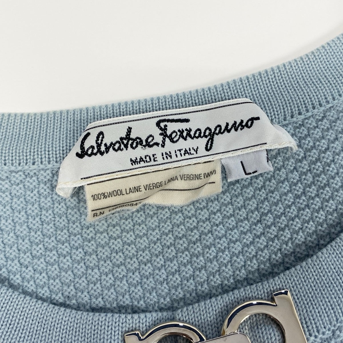 10f5 Salvatore Ferragamo サルヴァトーレフェラガモ ニットアンサンブル ツインニット ガンチーニ ニットセーター カーディガン サイズL ライトブルー ウール100％ レディース 女性服u02t