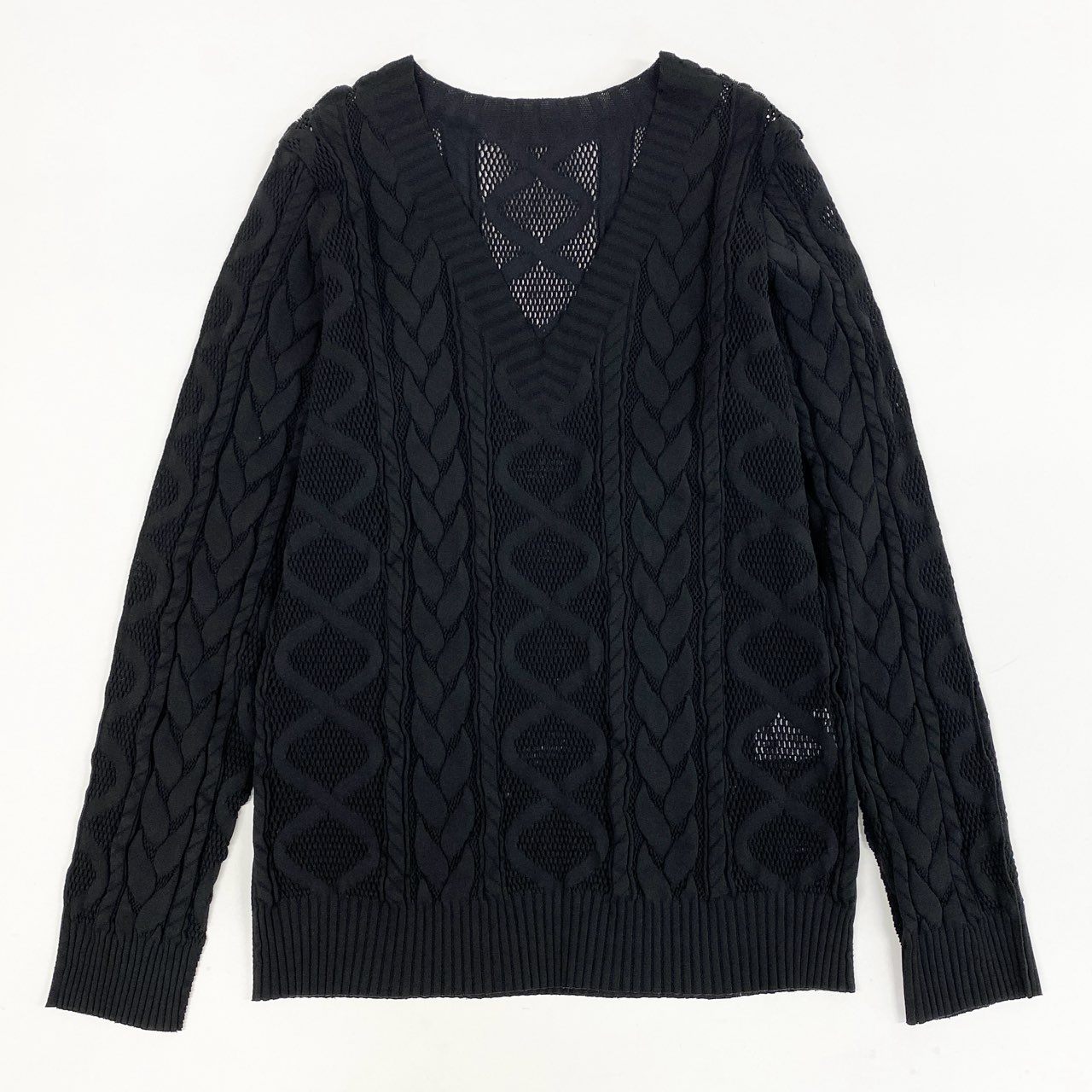 37a26【美品】 PLEATS PLEASE プリーツプリーズ イッセイミヤケ Vネックセーター ケーブル編み風 カットソー PP94-LK922 3 ブラック レディース 女性用k02i