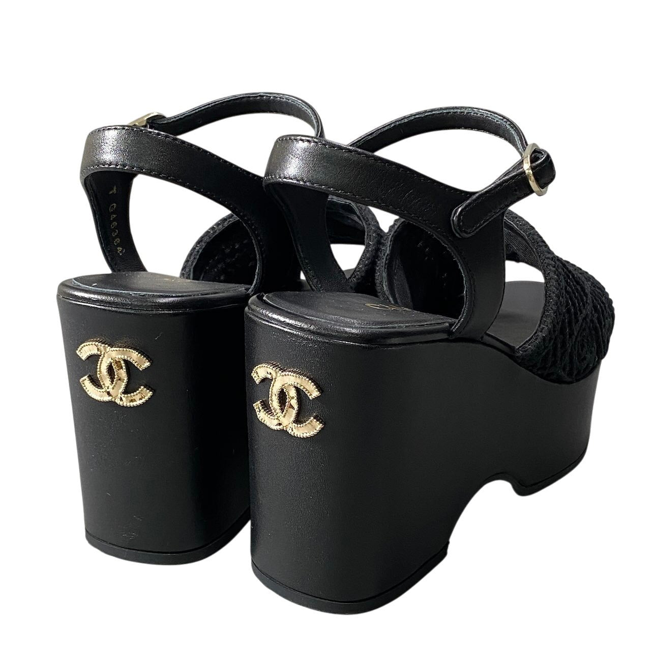 e13【美品】CHANEL 2025SS ウェッジソールサンダル 厚底 ココマーク メッシュ G46364 36Cサイズ ブラック レザー レディース 女性用k02i