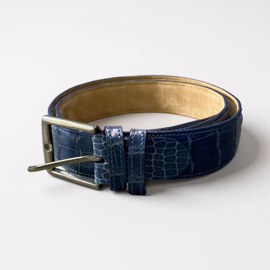 b2【本革】クロコダイルレザー  シャイニングクロコ メンズベルト ウエストベルト ブルー系 メンズ 男性用 小物 フォーマル カジュアル 兼用k02i