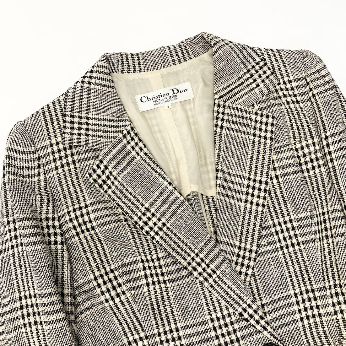 10c29 Christian Dior クリスチャンディオール ダブルプレストテーラードジャケット ブレザー チェック柄 7サイズ ベージュ ブラック レディース 女性用o07t
