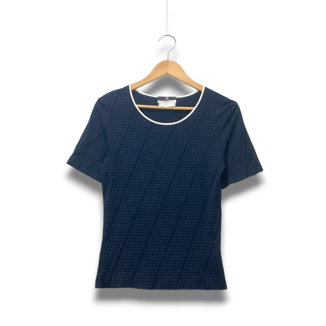 31c16 GIVENCHY ジバンシー 半袖Tシャツ カットソー ブランドロゴ パイピング ストレッチ トップス Mサイズ ネイビー ホワイト レディース 女性用o07t