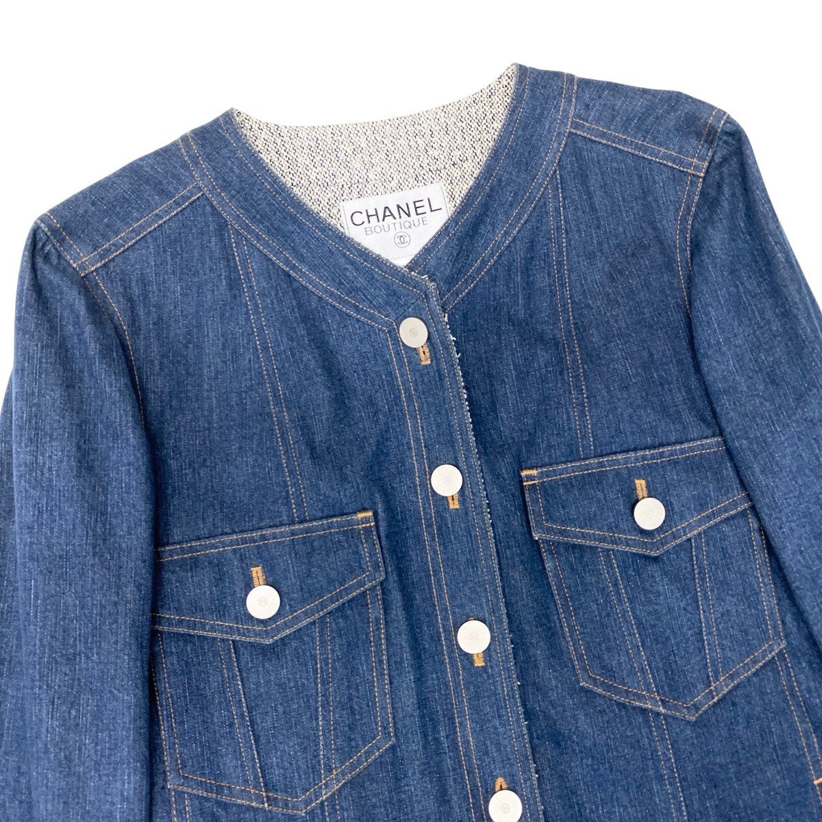 Cf12 CHANEL 1999年 ノーカラーデニムジャケット コットンジャケット アウター P12461 40サイズ インディゴ コットン100％ レディース 女性用u02tu02t