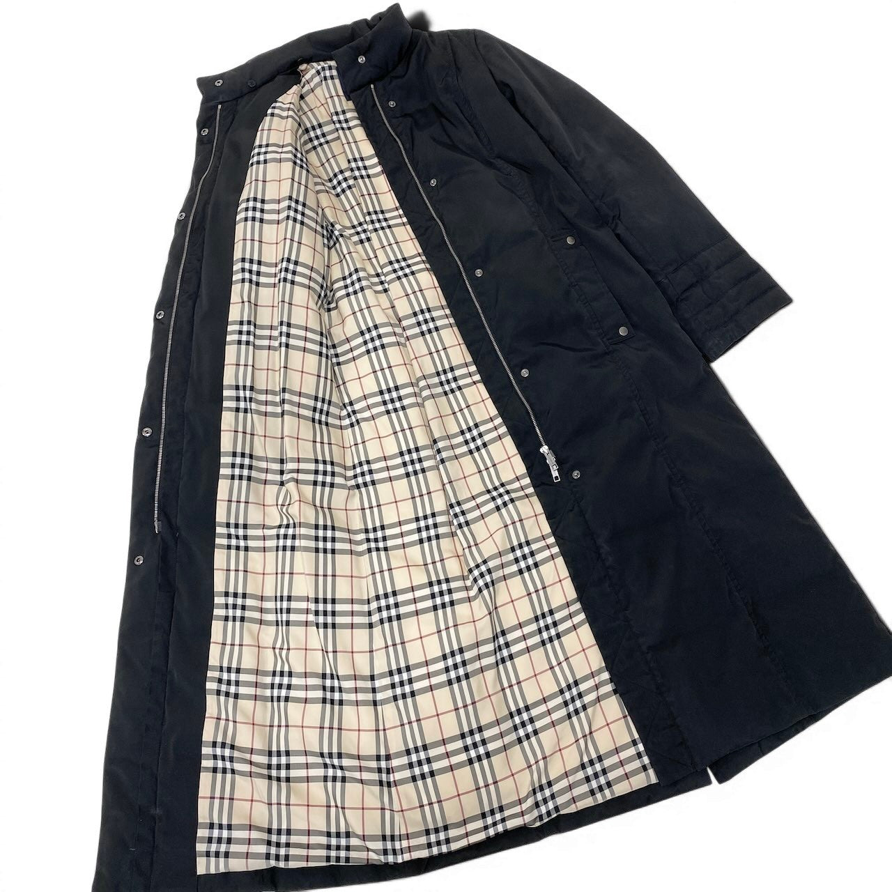 90g27 BURBERRY LONDON バーバリー ウエストリボン ロング ダウンコート 裏地ノバチェック サイズ38 ブラック レディース女性用o07t