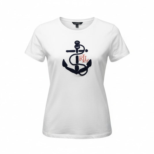 67c31 LAUREN RALPH LAUREN ローレンラルフローレン 半袖Tシャツ Slim Fit スリムフィット 刺繍デザイン トップス Mサイズ ホワイト レディース 女性用u02t