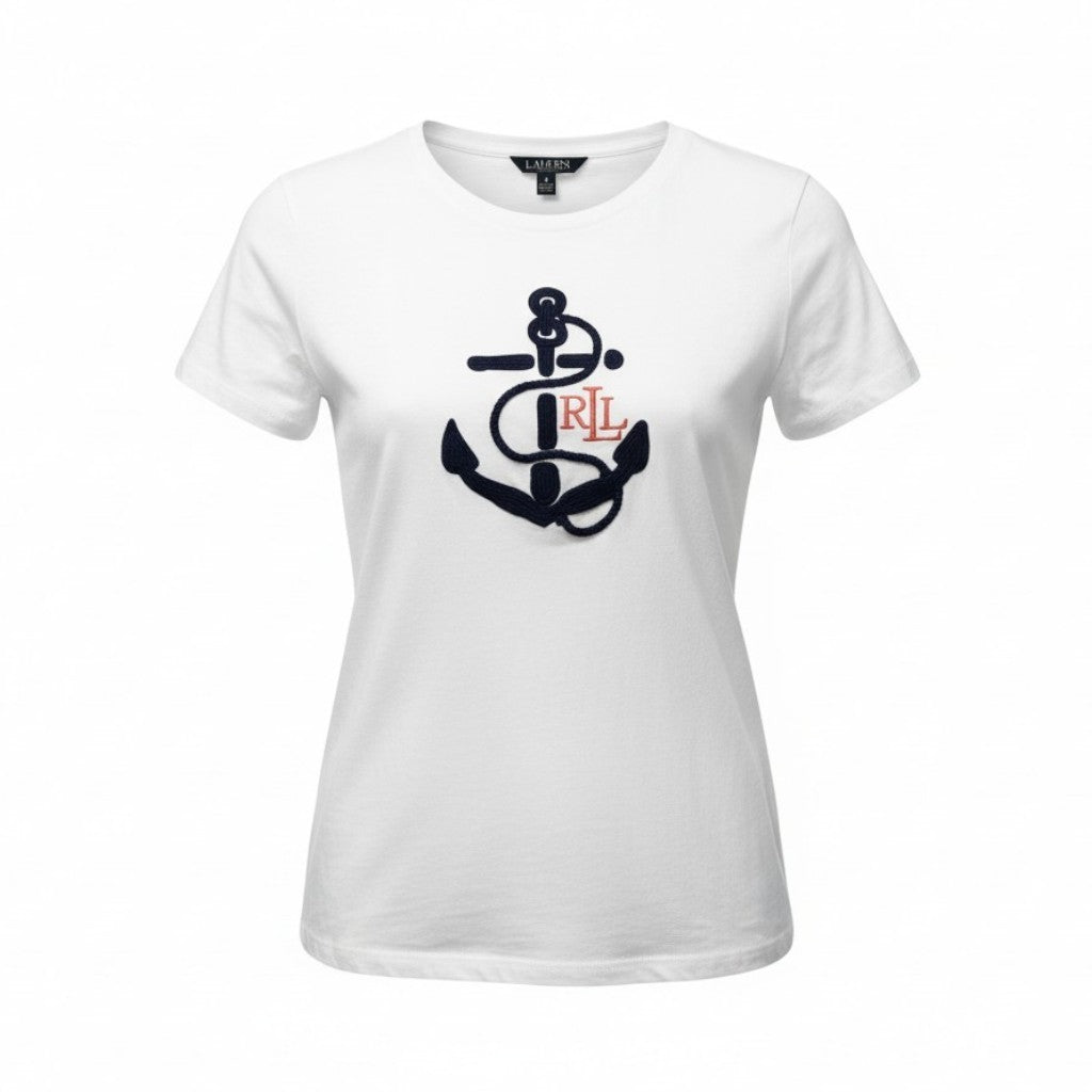 67c31 LAUREN RALPH LAUREN ローレンラルフローレン 半袖Tシャツ Slim Fit スリムフィット 刺繍デザイン トップス Mサイズ ホワイト レディース 女性用u02t