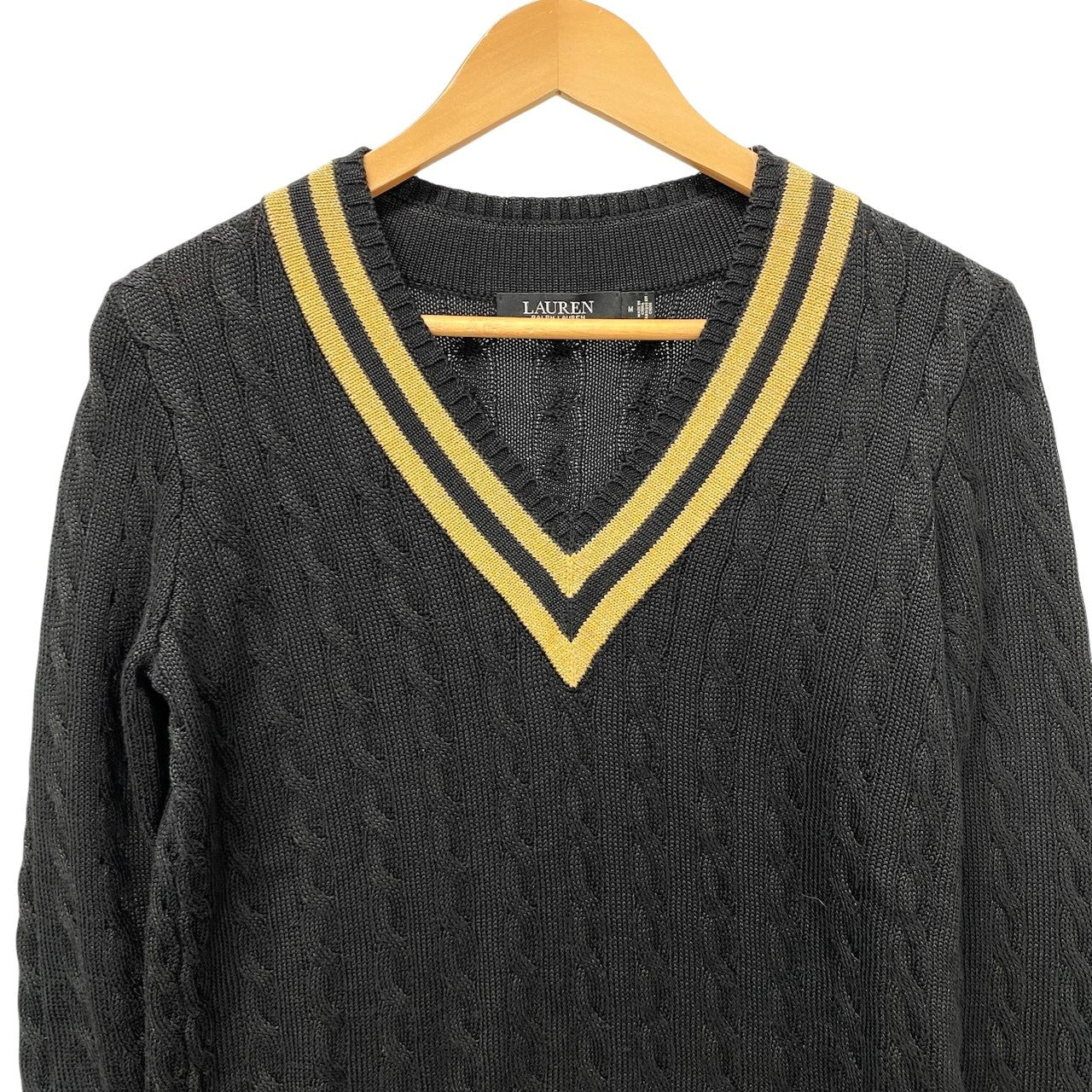 67c31 【美品】LAUREN RALPH LAUREN ローレンラルフローレン ケーブルニットセーター チルデンセーター トップス Mサイズ ブラック ゴールド レディース 女性用u02t