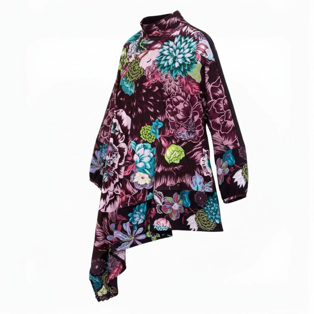14c2 TOKUKO 1er VOL トクコプルミエヴォル ロングスリーブ チュニックワンピース アシンメトリー 花柄プリント ストレッチ レディース 女性服 サイズ9 パープルu02t