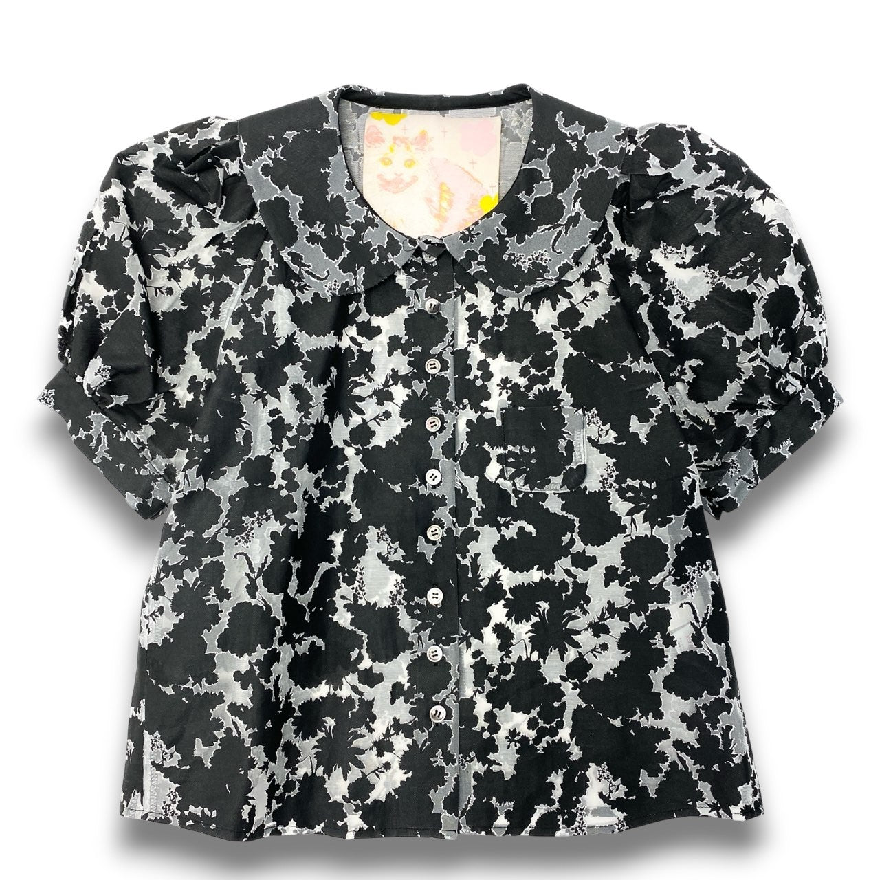 54c20 《美品》 mikio sakabe PINK HOUSE ミキオサカベ ピンクハウス シアーシャツ 半袖シャツ ブラウス 総柄 ブラック グレー レディースu02t