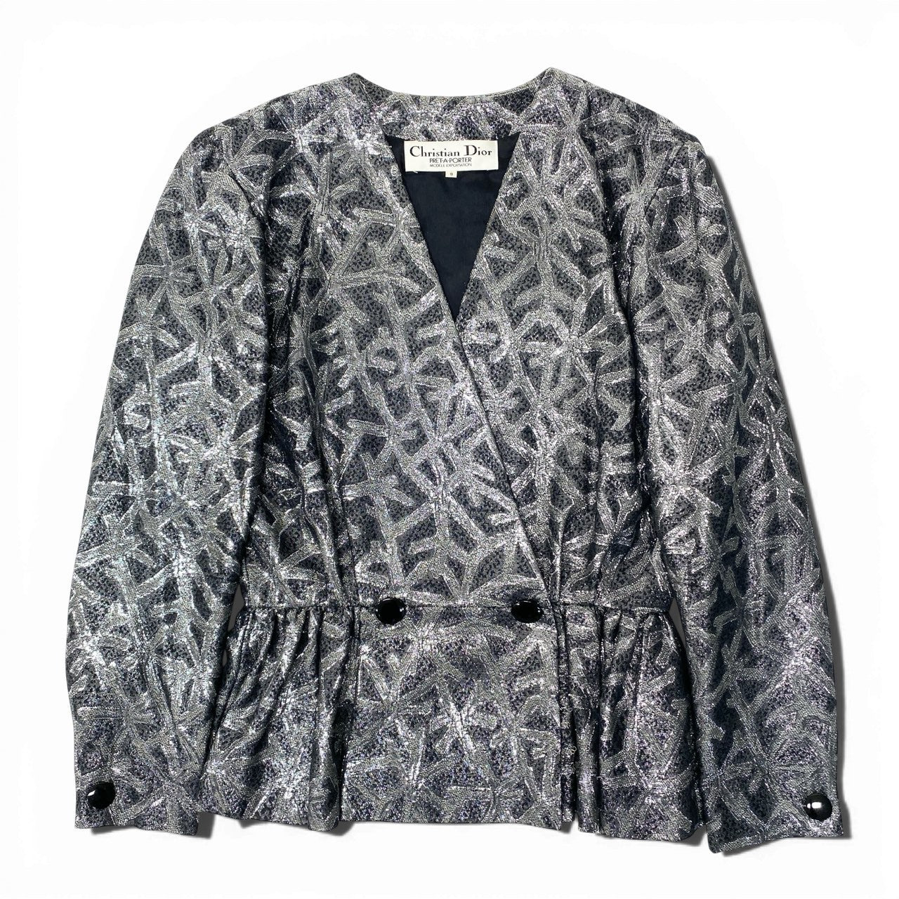 Aa28 Christian Dior クリスチャンディオール Vintage ビンテージ ジャケット ペプラム 総柄 アウター 9サイズ シルバー レディース 女性用o07t
