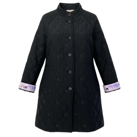 86a16 LEONARD FASHION レオナール キルティングジャケット ロングジャケット 中綿コート ロゴ刺繍 裏地花柄プリント シルク100％ レディース 女性用 40 ブラックo07t