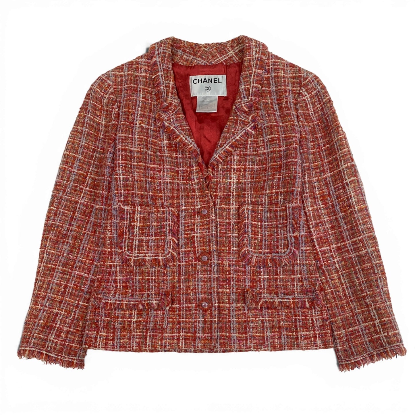 Ca14 CHANEL シャネル 2004年 P22966 ココマーククリアボタン 短丈 ショートツイードジャケット サイズ34 レッド系 ミックスツイード レディース 女性用ta1