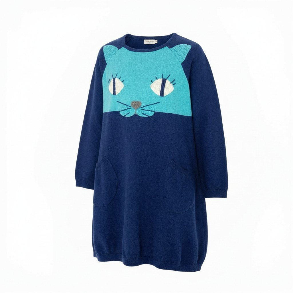 5a12 TOKUKO 1er VOL トクコプルミエヴォル チュニックワンピース ロングスリーブ ニットワンピース 猫刺繍 レディース 女性用 サイズ9 ブルー ライトブルーu02t