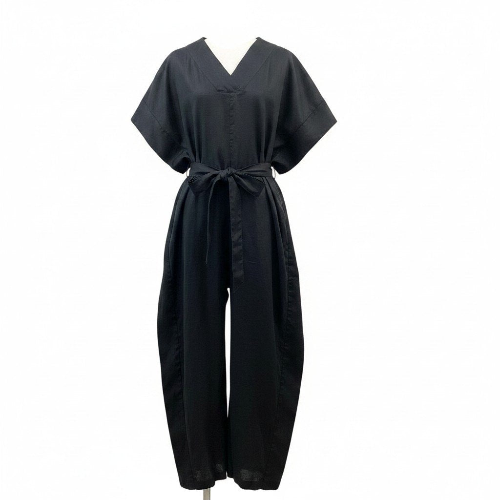 26g11 【美品】 HYKE ハイク 23ss LINEN JUMPSUIT ジャンプスーツ フレンチスリーブ オールインワン 231-16166 サイズ1 ブラック 麻100％ レディースu02t