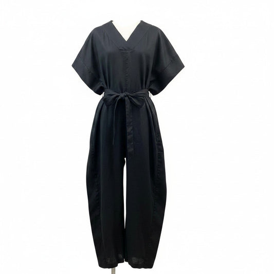 26g11 【美品】 HYKE ハイク 23ss LINEN JUMPSUIT ジャンプスーツ フレンチスリーブ オールインワン 231-16166 サイズ1 ブラック 麻100％ レディースu02t