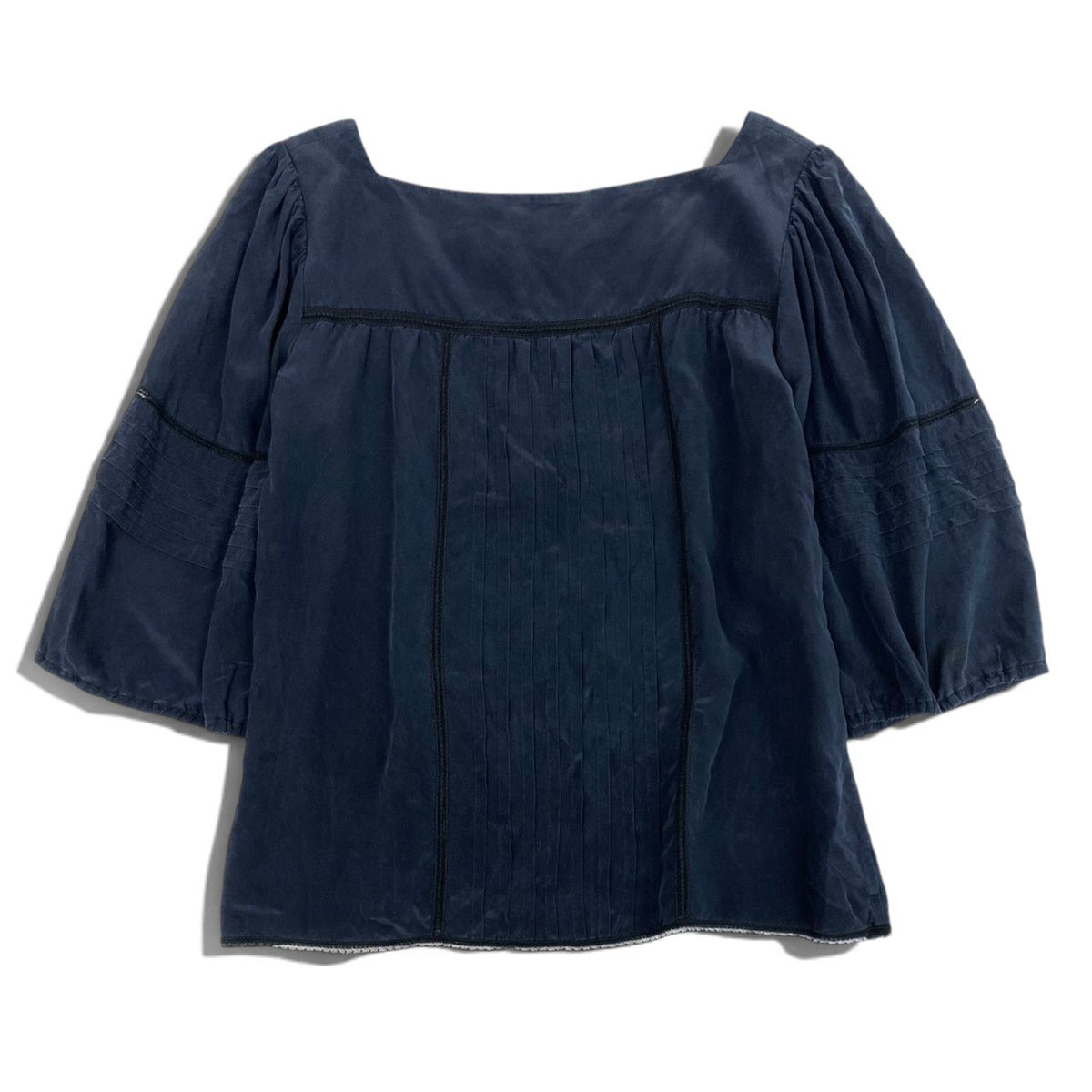 i21 CHANEL 2007年 シルクブラウス スクエアネック パフスリーブ 42サイズ ネイビー シルク100％ レディース 女性用u02t