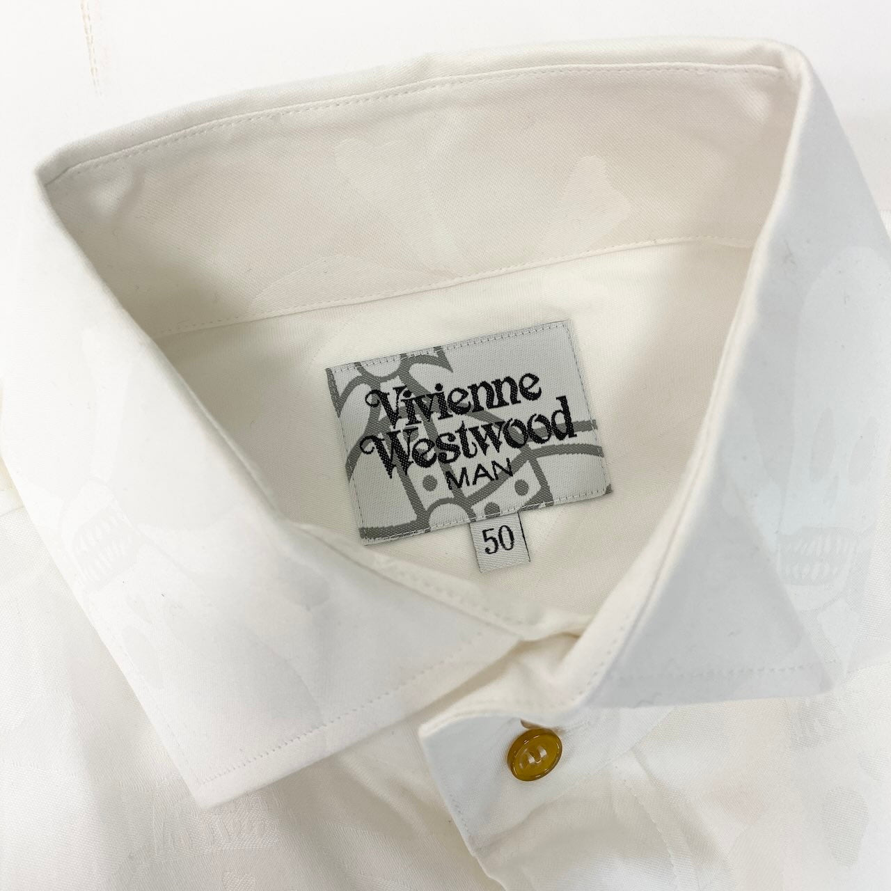31e7 VivienneWestWood MAN ヴィヴィアンウエストウッドマン ロゴ刺繍 ドクロプリントシャツ ロングスリーブシャツ 総柄 サイズ50 ホワイト コットン100％ メンズ 紳士服u02t