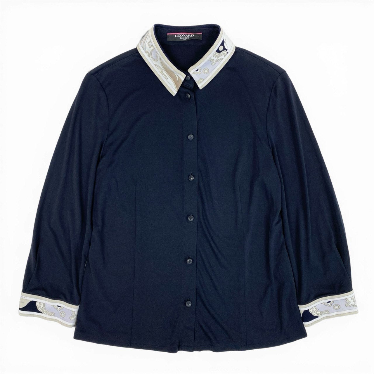30b11 LEONARD レオナール ロングスリーブボタンダウンシャツ カンカン素材 美しいプリント 0179558 Lサイズ ネイビー レディース 女性用u02t