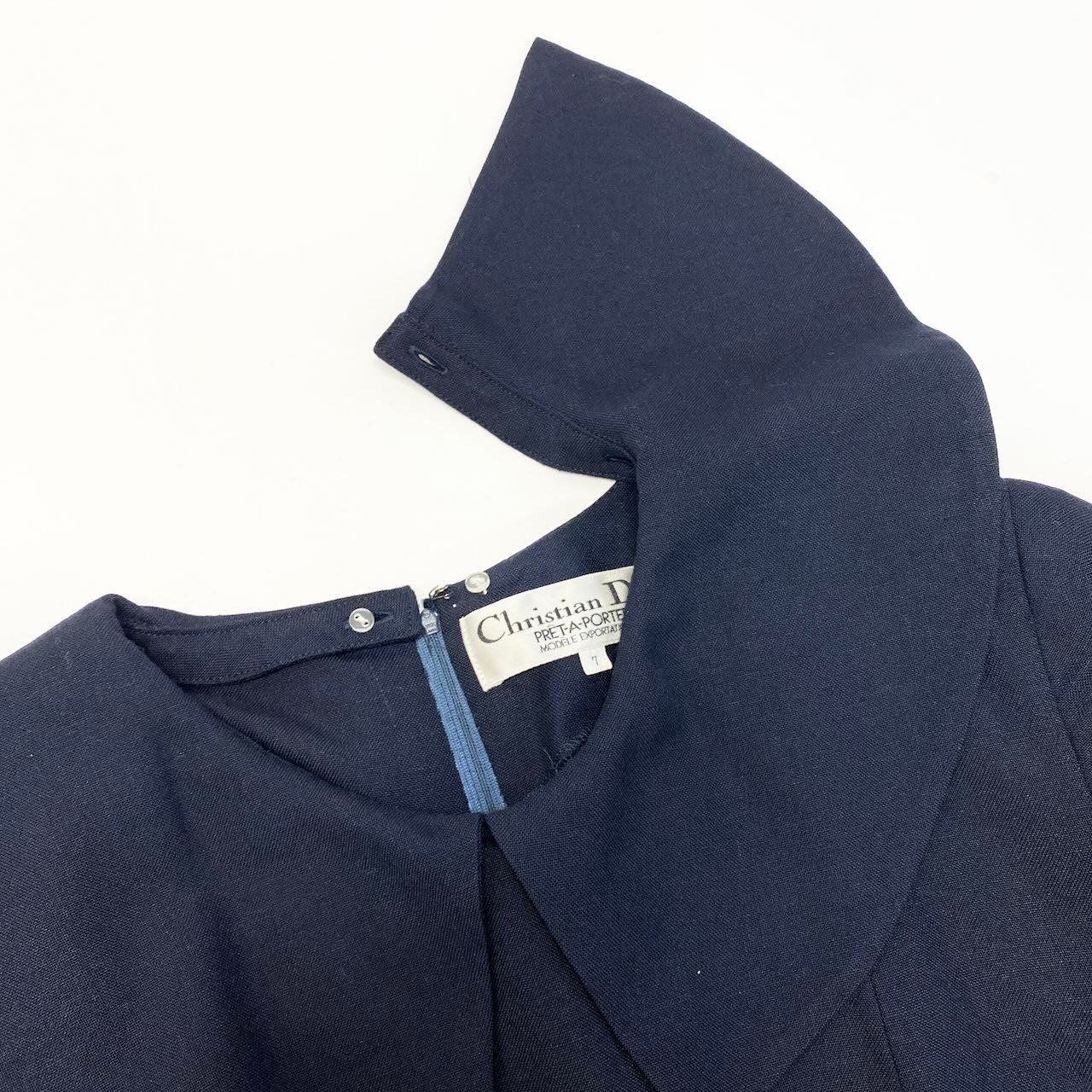 66d27 Christian Dior クリスチャンディオール つけ襟 ロングワンピース 半袖ワンピース 2way 裾レース リネンブレンド サイズ7 ネイビー レディース 女性用u02t