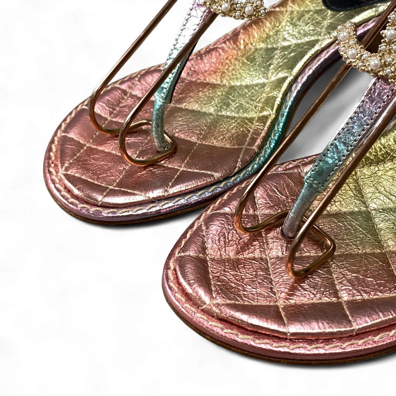 1k18 CHANEL シャネル ココマーク パールバックル トングサンダル G36402 35C ピンク グリーン シューズ グリポアt18r