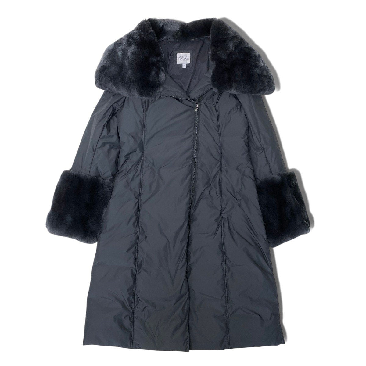 76i2 ARMANI COLLEZIONI アルマーニコレツィオーネ ダウンコート ロングジャケット ダブルジップ ボリュームネック サイズ42 ブラック レディースo07t