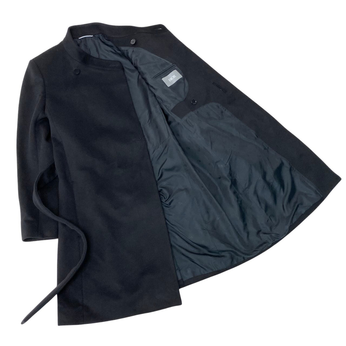 46j15 【極美品】 DIOR HOMME ディオールオム スタンドカラー ロングコート ベルト付 ウールカシミヤ混 183C354A3183 サイズ46 ブラック メンズ アウターu02t