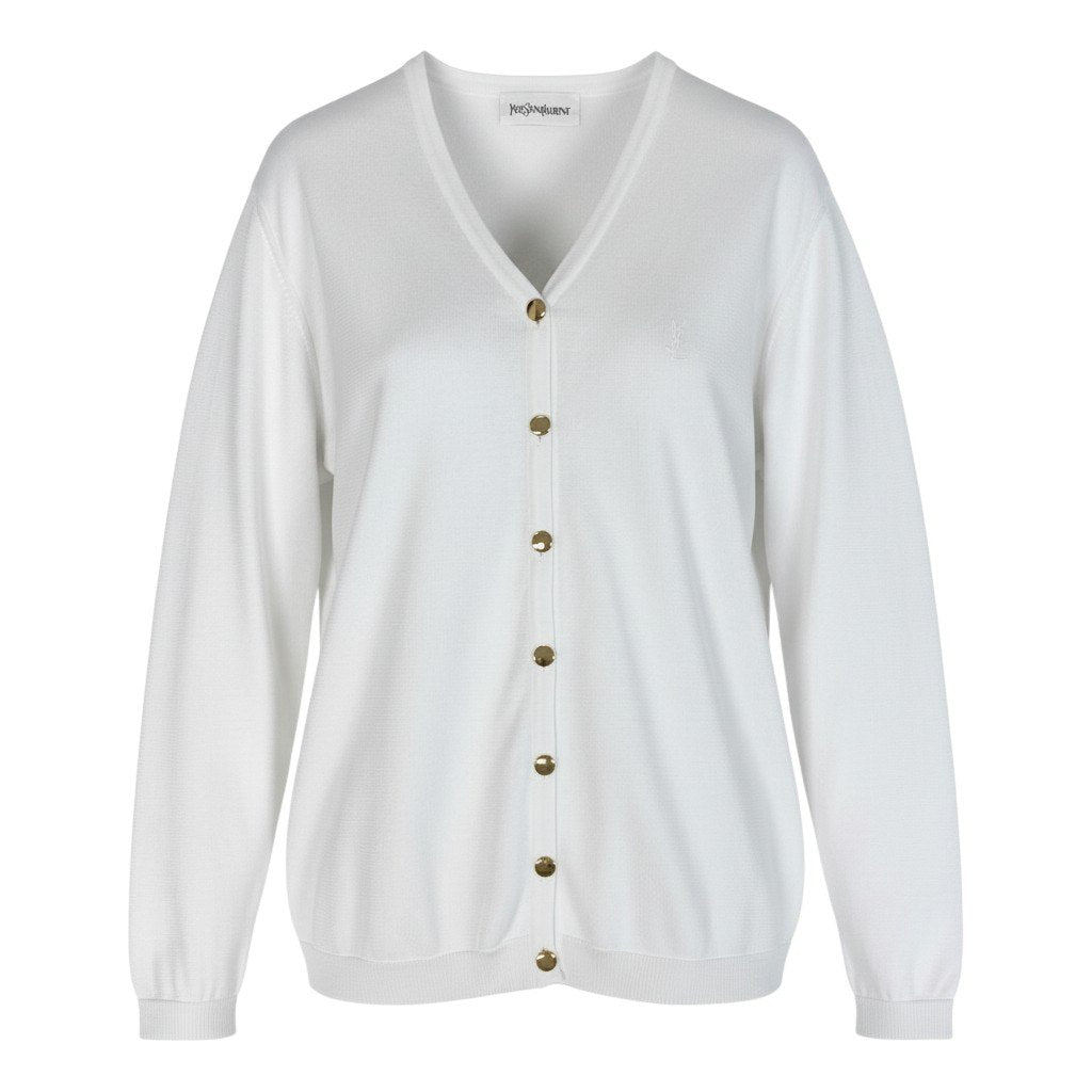 Id10 YVES SAINT LAURENT イヴサンローラン YSLロゴ Vネック ニットカーディガン トップス M ホワイト コットンu02t