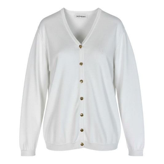 Id10 YVES SAINT LAURENT イヴサンローラン YSLロゴ Vネック ニットカーディガン トップス M ホワイト コットンu02t