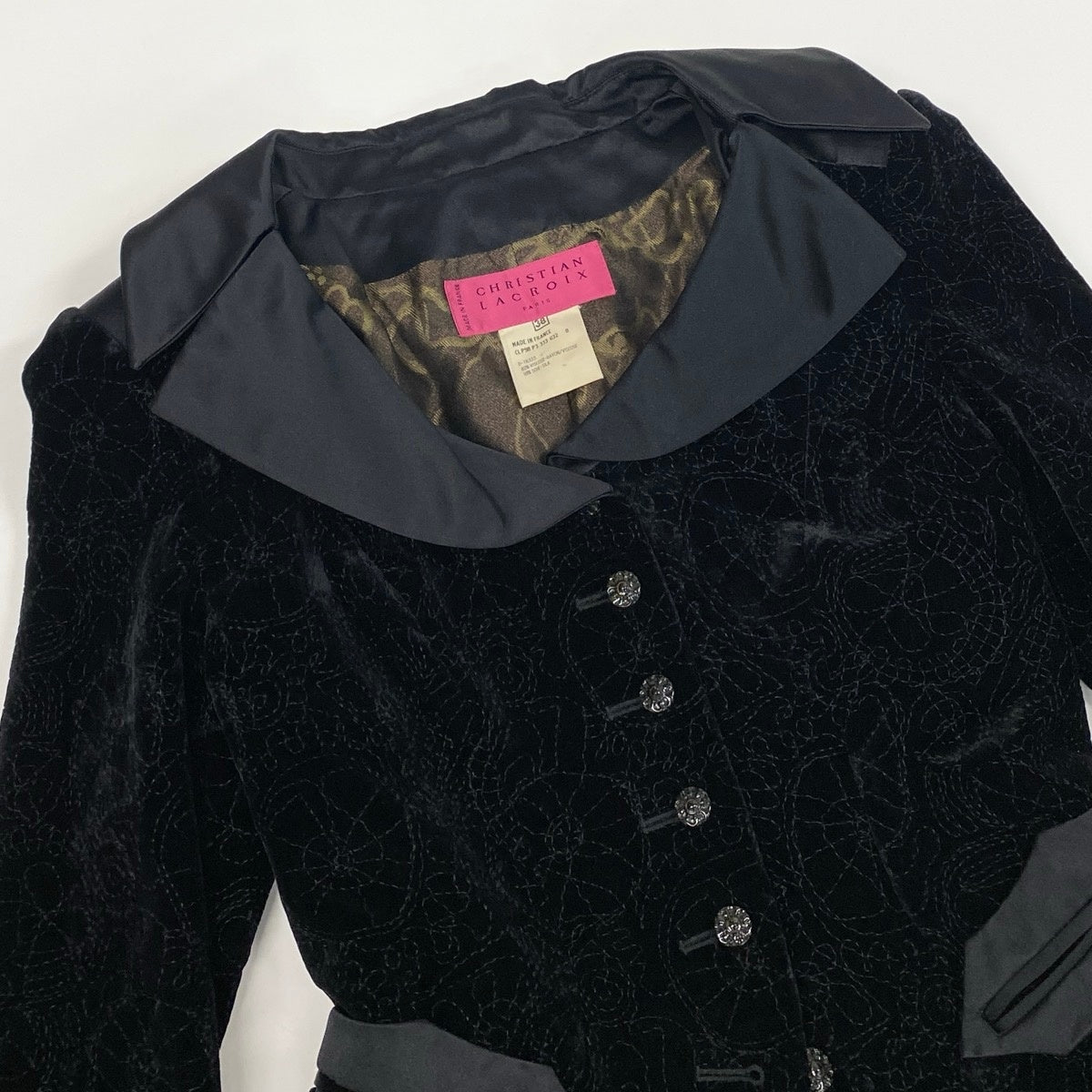 60f2 CHRISTIAN LACROIX クリスチャンラクロワ ベロアジャケット 総柄刺繍 異素材切替 フォーマル シルク混 サイズ38 ブラック レディース 女性服o07t